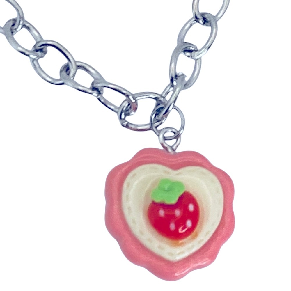 Strawberry Heart Silver Tone Acrylic Pink & Cream Toggle Bracelet Valentine
